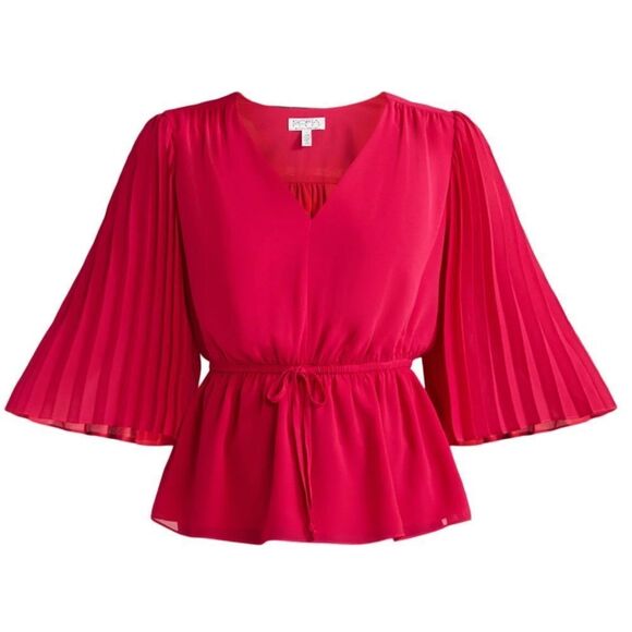 Sofia Jeans V-Neck Sheer Top with Pleated Sleeves Size M - Picture 2 of 9